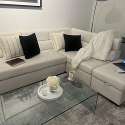 White Leather Sectional Couch / Pull Out Sleeper
