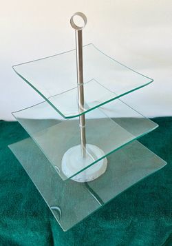 3 Tier Square Dessert Stand-Glass with Metal Handle Carrying /Moving handle. Used