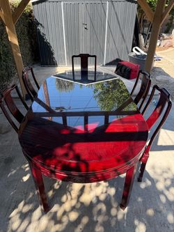 Vintage Chinese-Style Oval Dining Table Set w/ Glass Top & Carved Chairs