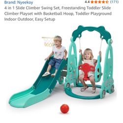 4 in 1 Slide Climber Swing Set, Freestanding Toddler Slide Climber Playset with Basketball Hoop, Toddler Playground Indoor Outdoor, Easy Setup
