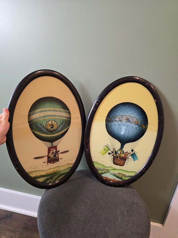 Pair of Antique Reverse Glass Hot Air Balloon Paintings