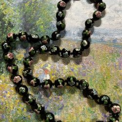 Vintage Enamel Cloisonné Beaded Necklace, Black Floral Design