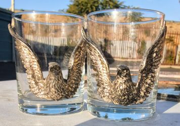 Pair of Arthur Court Designs Double Highball Glasses – 3D Aluminum Eagles!
