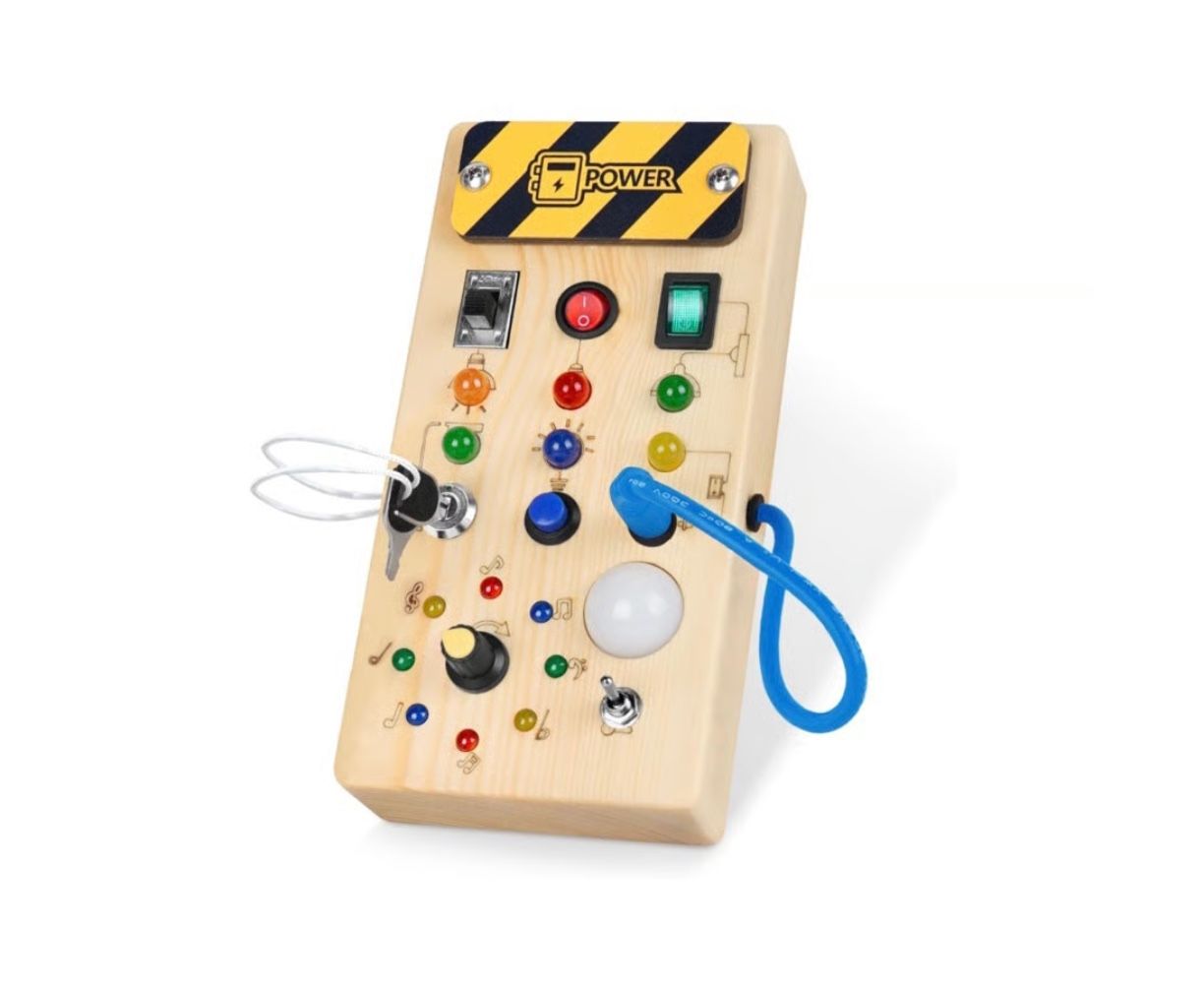 Montessori Wooden Busy Board with 8 LED Light switches, Sensory Toys