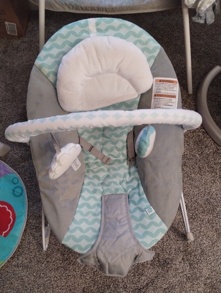Infant Crib, Bassinet, Swing Carrier And Baby Bouncer Along With 0 3 Size Onesie And Outfits And A Pair Of 0 3 Size Shoes. .  & Accessories