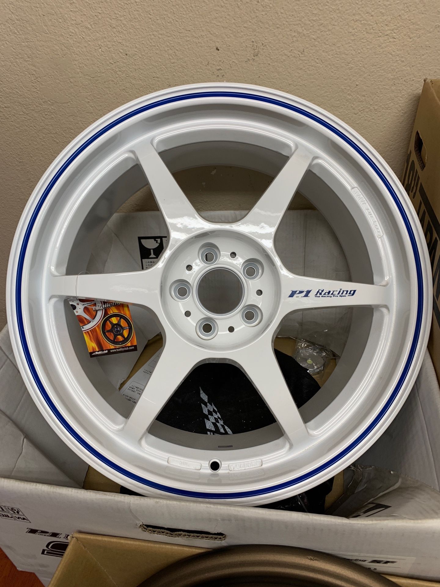 Buddy Club P1 Racing SF 5x100 18x8.5 40 White w/Blue Trim set of 4