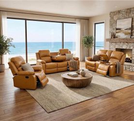 Light brown Carmel leather fully reclining three piece couch set