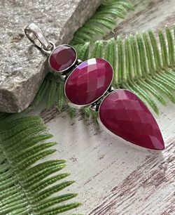 Large XL 3-Stone Simulated Ruby Silver 3” Pendant