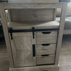 Floor Cabinet, Farmhouse Small Storage Cabinet with Sliding Barn Door & Drawers for Bathroom, Kitchen, Living Room, Antique Brush White