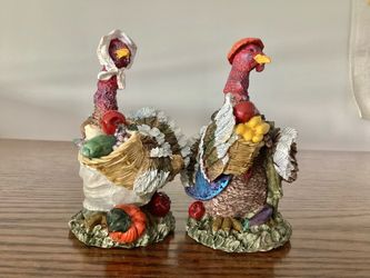 2 Vtg. Halloween Thanksgiving Fall Season Turkey Figurines 4.25” Tall Centerpieces  Holiday Table Decor