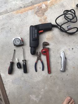 Assorted tools and drill