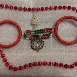Red Costume  Estate Jewelry ; Red Necklace & Bracelets, Wreath Tree Brooch