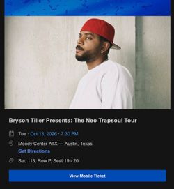 Bryson Tiller Tickets Austin 10/13 Sec 113 Row P