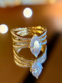 New Certified 18K Gold Plated S925 2CT Marquise Moissanite Stacked bridal engagement Ring in 7
