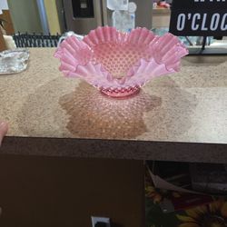 vintage Fenton cranberry opalescent hobnail ruffled bowl. 
