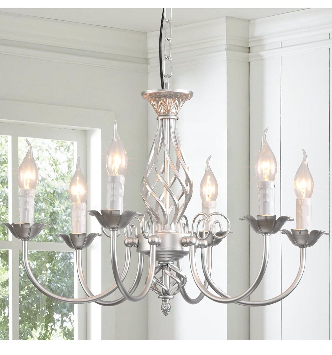 Sliver Farmhouse Candle Chandelier, 6-Light Rustic Industrial Pendant Ceiling Light Fixture, Ceiling Hanging Lamp for Hallway Kitchen Dining 