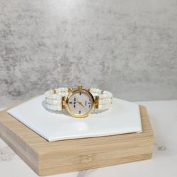 Rare Vintage Womens La Fon Gold Tone Faux Pearl Bracelet Watch