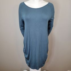Filly Flair Long Sleeve T-Shirt Dress Ruched Casual Blue-Green Tunic Top Size L