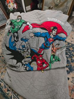 Pottery Barn Kids DC Comics Justice League Full / Queen Quilt - Gray/Multicolor Superhero Appliqué Bedding📝 Product Description
