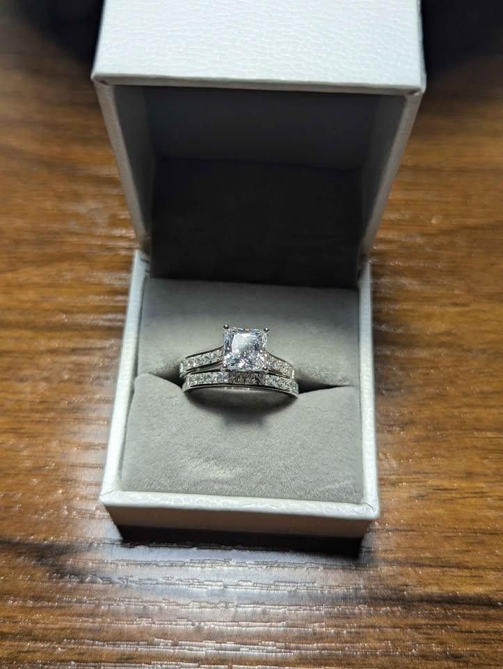 Women's 2pc Engagement Wedding Ring Set Sterling Silver Size 7