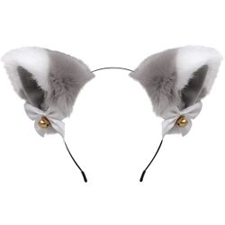 Cat Fox Wolf Faux Fur Ears Headband with Bowknot Bell Halloween Cosplay Party Costume Headwear