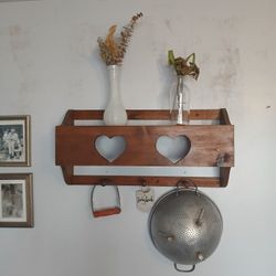 Large Vtg Wood Shelf Heart Cutouts Pegs Country Cottage Decor Handmade Shadowbox