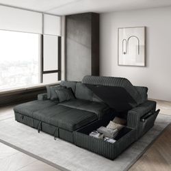 Brand New Grey Super Plush Corduroy Sectional Sofa Storage Sleeper