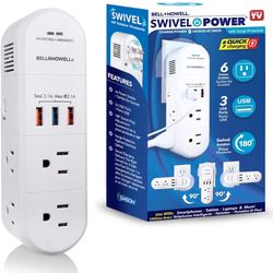 Swivel Power by Bell+Howell Power Strip w/Surge Protection Rapid, Swiveling Charging Station USB Outlet Extender – with 6 Electrical, 3 USB Port, 125V