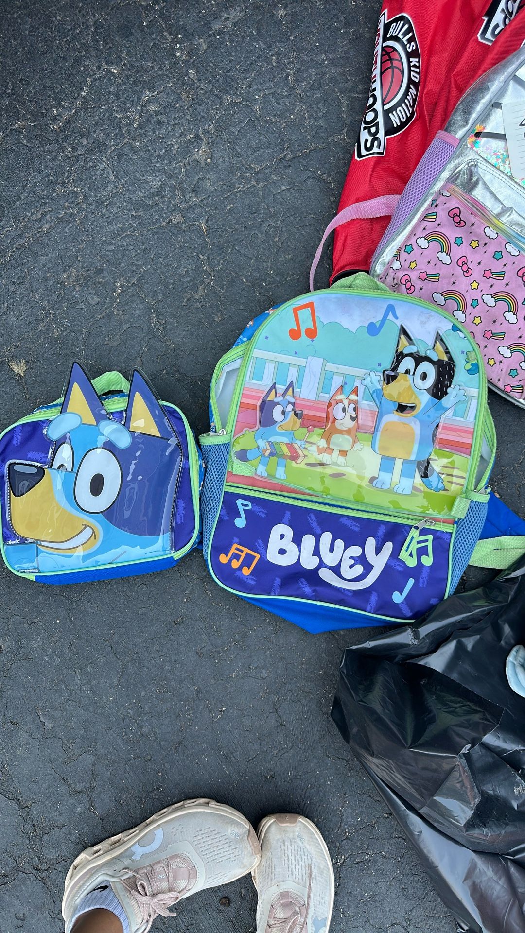 blue backpack and lunch box