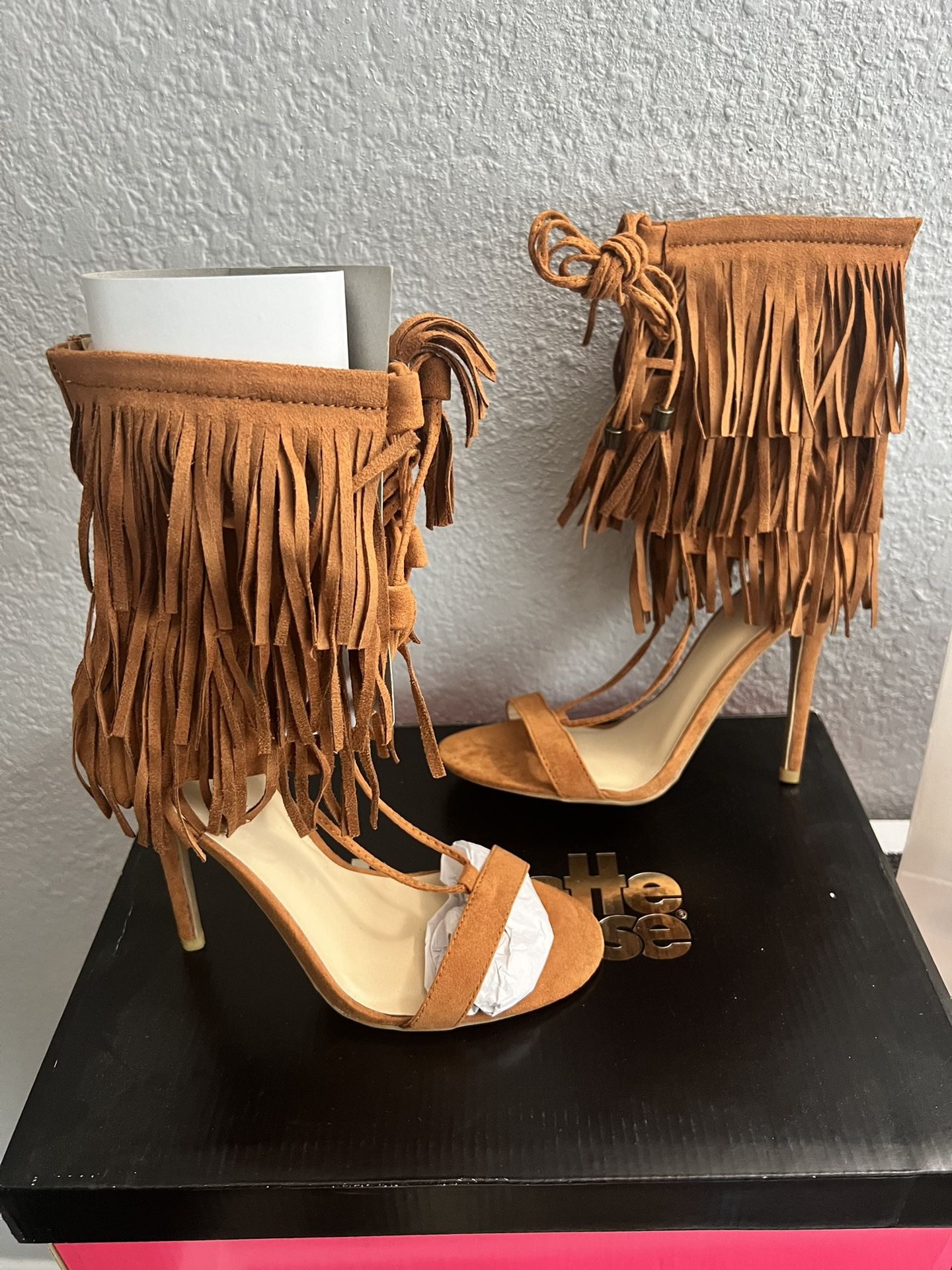 Tan Fringe Open Toed Heels