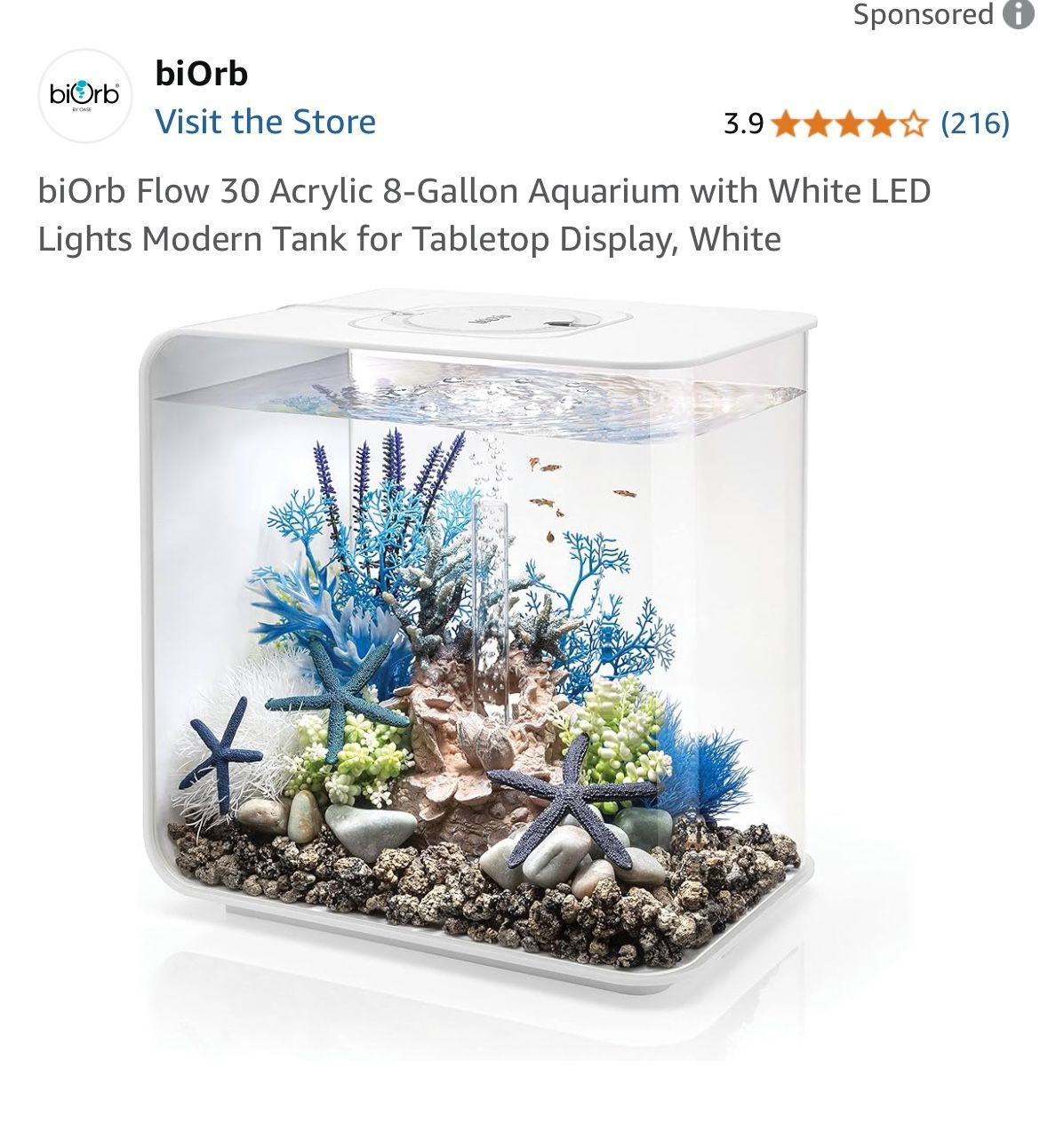 biOrb Flow 30 Acrylic 8-Gallon Aquarium with White LED Lights Modern Tank for Tabletop Display, White