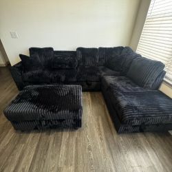 Fluffy Corduroy L-Sectional Sofa with Storage Ottoman (FREE DELIVERY)