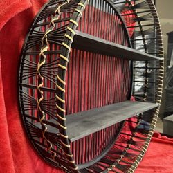 Boho Black Wicker Wall Shelf – Round Rattan Accent with 2 Tiers 