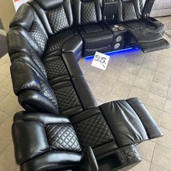 Black Leather Power Reclining Sectional Sofa Couch With Lights, Cup Holders| Brand New Home Theater Couch Set|