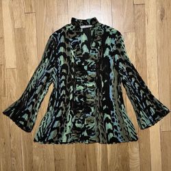 Signature by Larry Levine Womens Ruffle Blouse Green Black Small