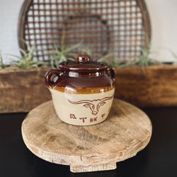 Vintage Texas Longhorn Western Stoneware Bean Crock Pot with Lid