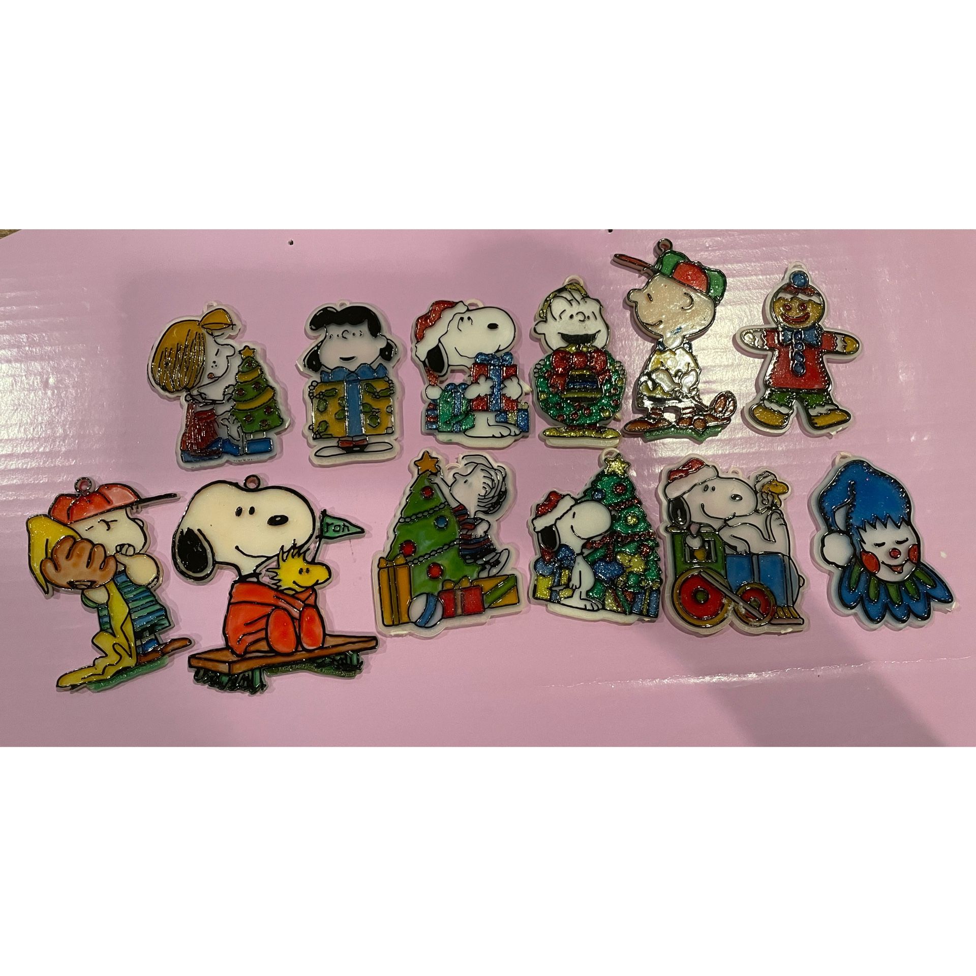 (#4)Vintage Peanuts Stained Glass Style Charlie Brown And Snoopy Christmas Ornaments Lot Of 14