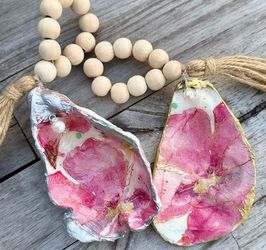 Handmade oyster shell ornaments- pink hibiscus flowers/tropical coastal decor/host hostess gift