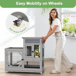 Wooden Rabbit Hutch on Wheels 2-Tier Indoor Bunny Cage Cleaning Trays and Run Gray