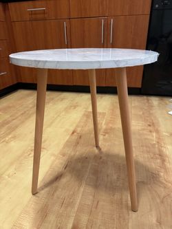 Round Faux Marble Side Table with Wood Legs