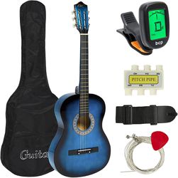 38in Beginner Acoustic Guitar Starter Kit w/Case, Strap, Tuner, Pick, Strings - Blue