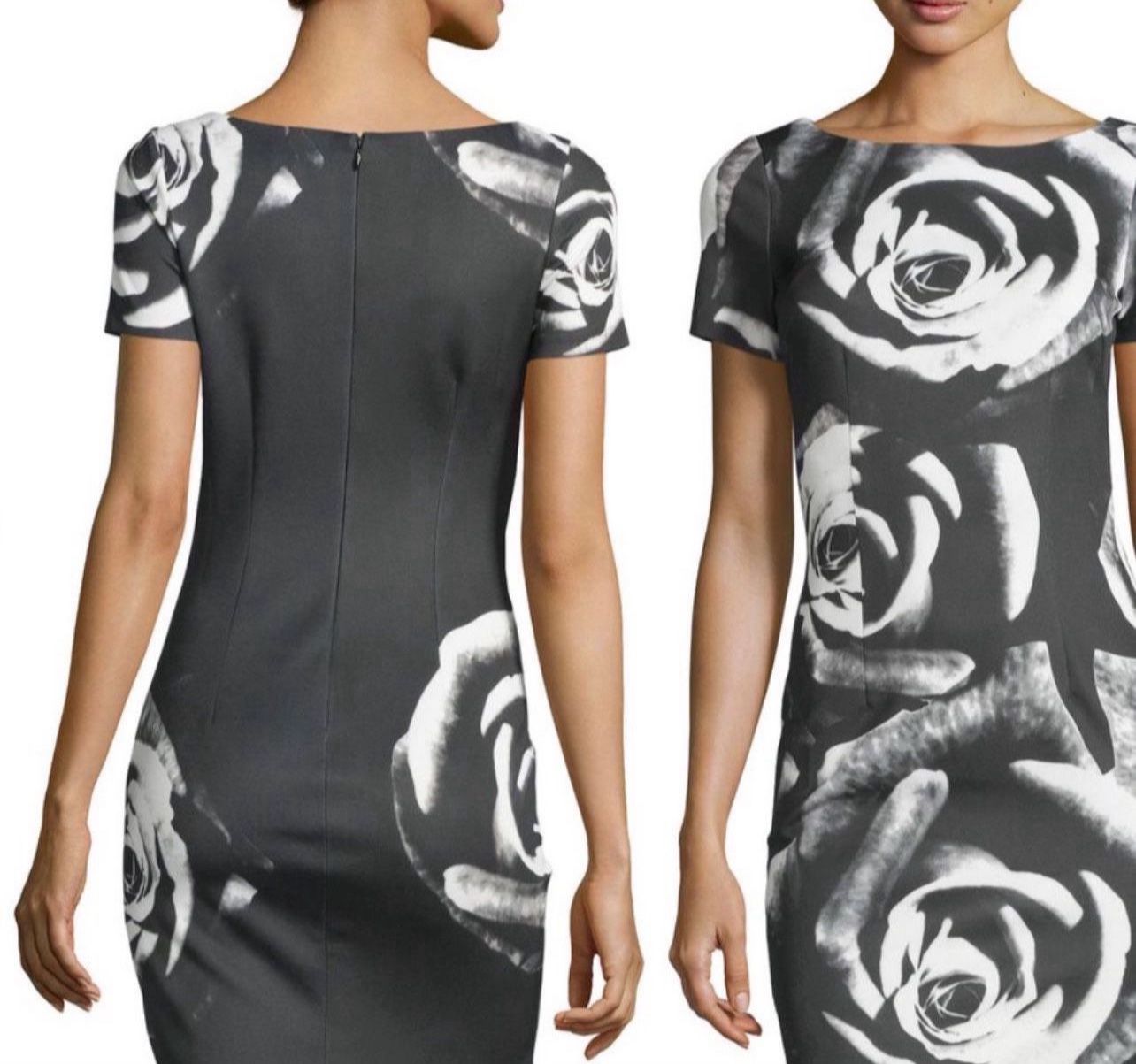 NWT Neiman Marcus Rose-Print Short-Sleeve Sheath Dress, Black Rose