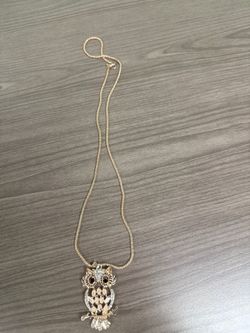 Gold-Tone Rhinestone Owl Long Pendant Necklace