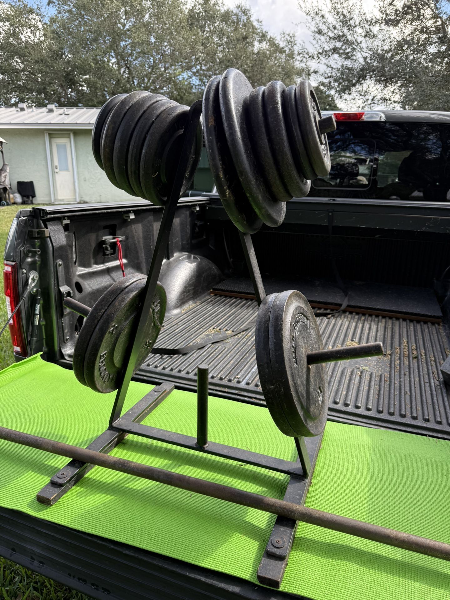 Huge Set Of Weights With A-frame Weight Rack And Solid Steel Barbell