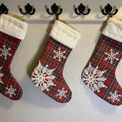 Christmas / Holiday Plaid Stockings With Embroidered Snowflakes With Faux Fur Cuff (Set Of 3)