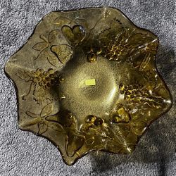 Vintage Amber Glass Ruffled Edge Serving Bowl with Embossed Fruit. MCM.