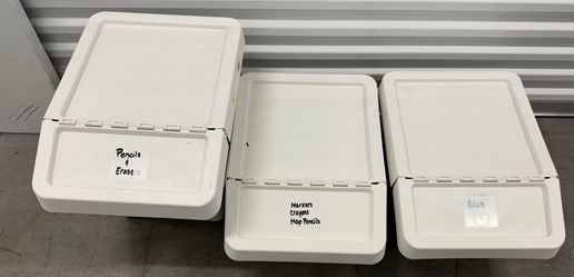 3-Used White IKEA SORTERA Sorting Bins With Lids (1-16gallon & 2-10gallon)