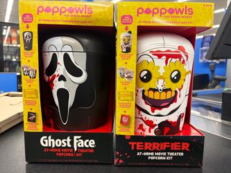 Poppowls Ghost Face and Terrifier Art the Clown Popcorn Buckets