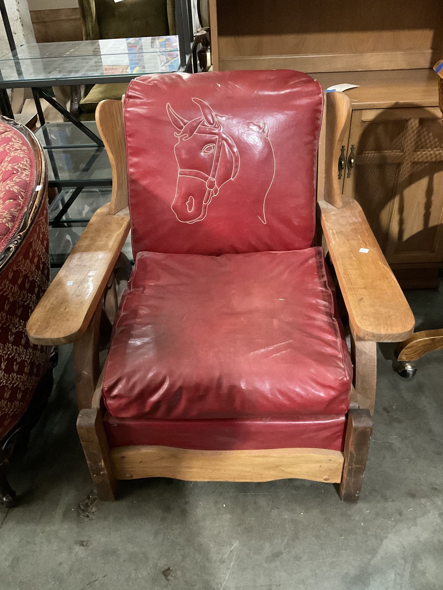 Vintage Rustic Farmhouse Leather Chair With Horse Embroidery 