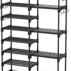 ROJASOP Shoe Rack Organizer, 8-Tier Metal Shoe Rack for Closet Entryway Garage, 26-32 Pairs Tall Shoe Boot Storage Shelf with 15 Hooks, Stackable Larg